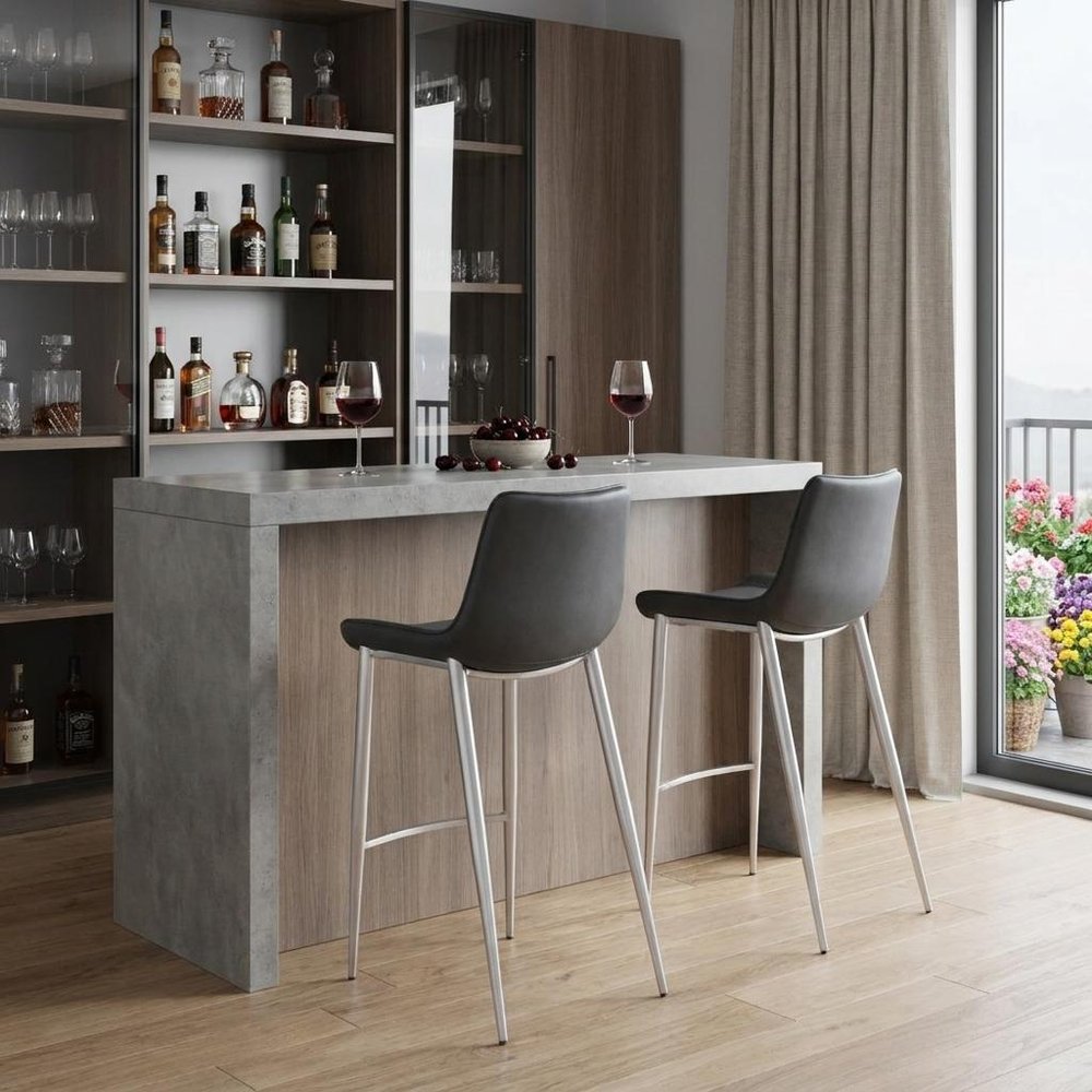 Set of Two 30" Black And Silver Faux Leather And Steel Low Back Bar Height Bar Chairs HomeRoots