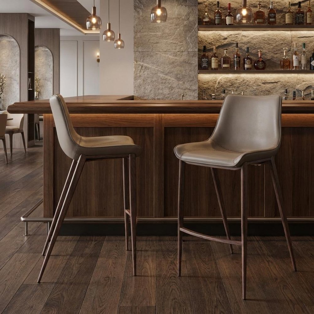 Set of Two 30" Gray And Brown Faux Leather And Steel Low Back Bar Height Bar Chairs HomeRoots