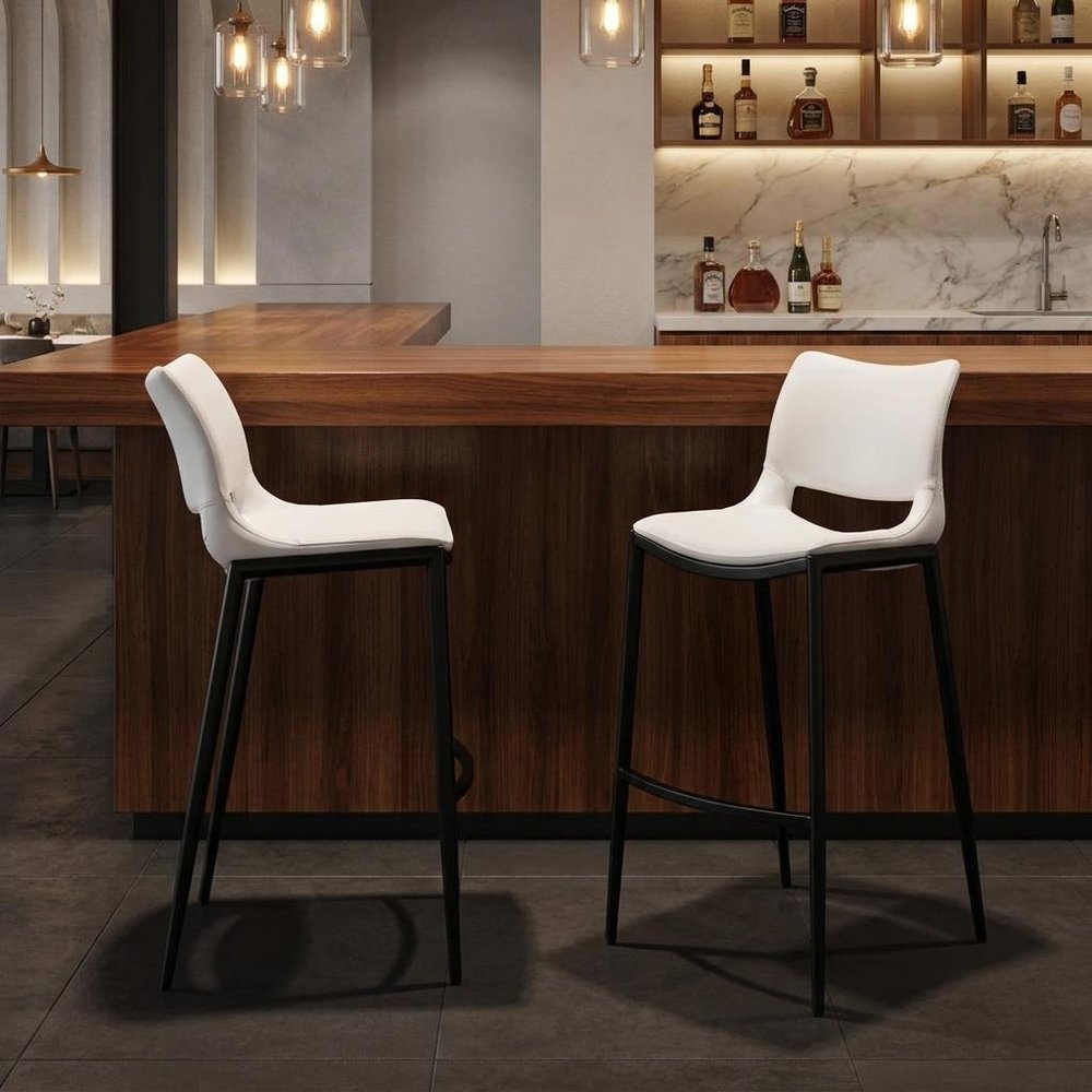 Set of Two 29" White And Silver Faux Leather And Steel Low Back Bar Height Bar Chairs