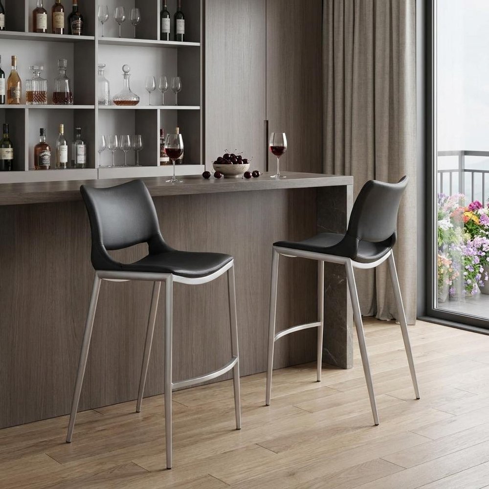 Set of Two 29" Black And Silver Faux Leather And Steel Low Back Bar Height Bar Chairs HomeRoots