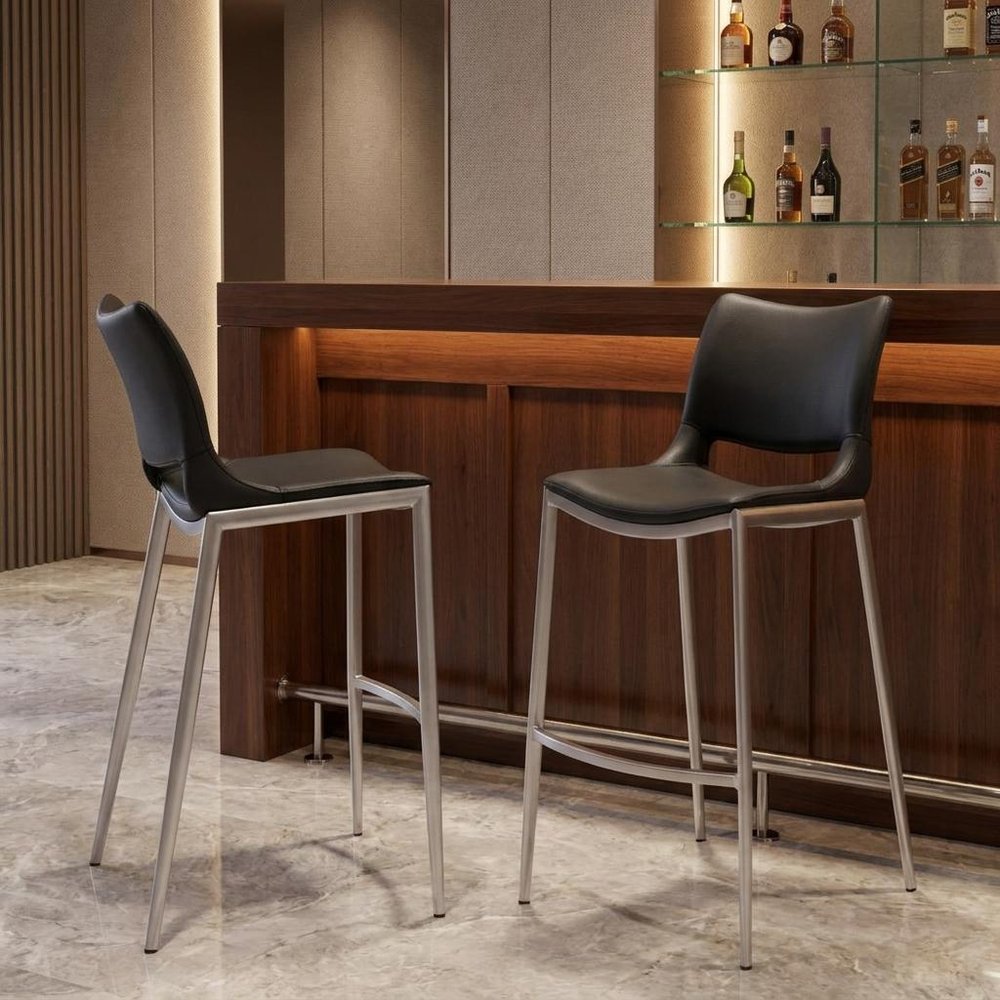 Set of Two 29" Black And Silver Faux Leather And Steel Low Back Bar Height Bar Chairs HomeRoots