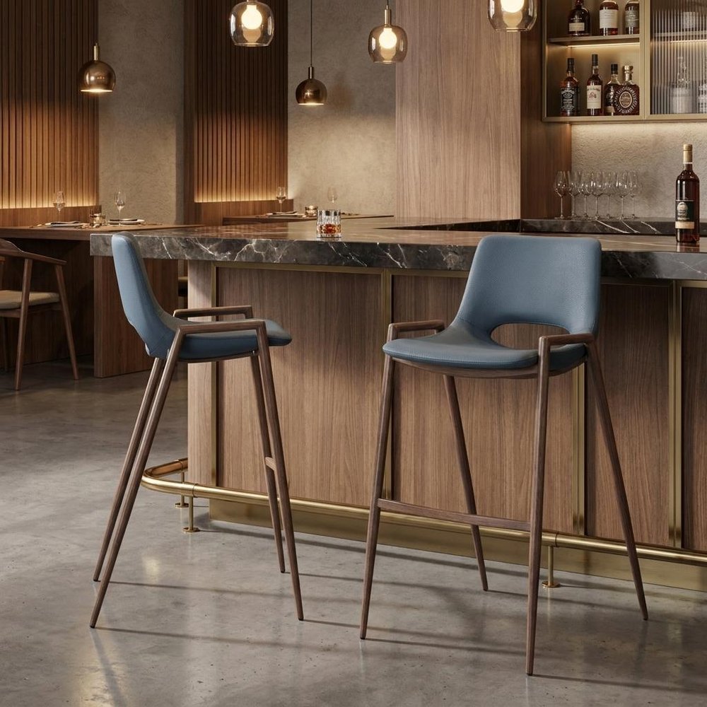 Set of Two 29" Gray And Brown Faux Leather And Steel Low Back Bar Height Bar Chairs HomeRoots