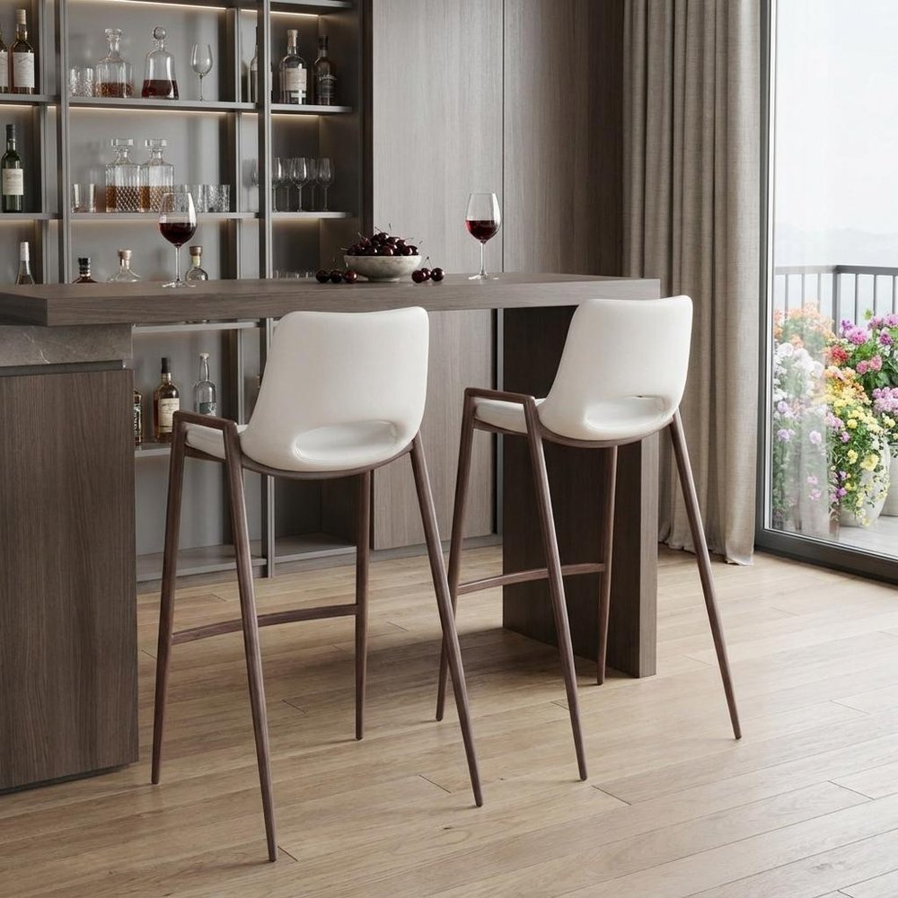Set of Two 29" White And Brown Faux Leather And Steel Low Back Bar Height Bar Chairs HomeRoots