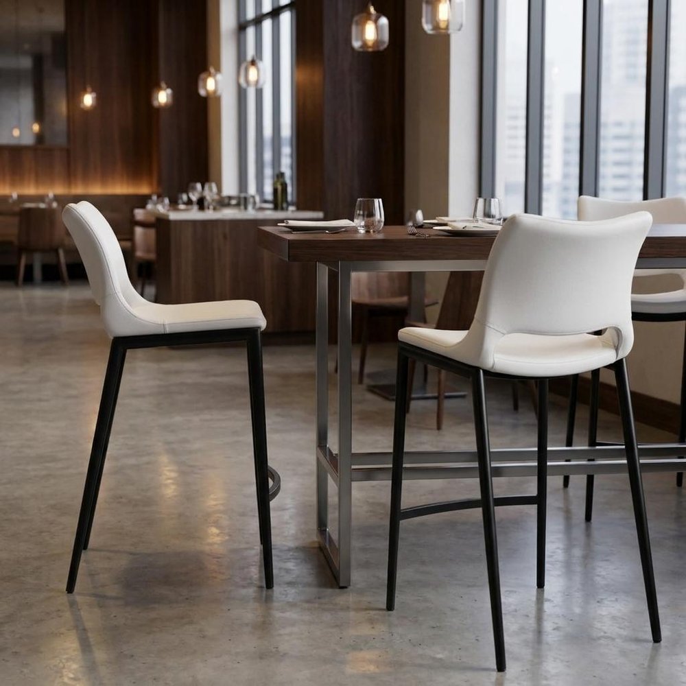 Set of Two 25" White And Silver Faux Leather And Steel Low Back Counter Height Bar Chairs HomeRoots