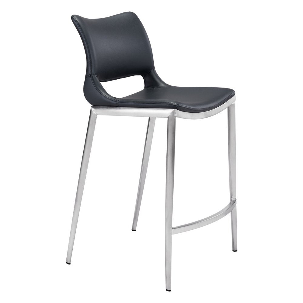 Set of Two 25" Black And Silver Faux Leather And Steel Low Back Counter Height Bar Chairs HomeRoots
