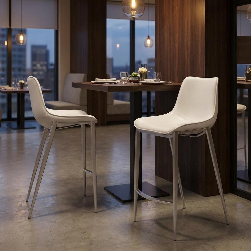 Set of Two 26" White And Silver Faux Leather And Steel Low Back Counter Height Bar Chairs HomeRoots