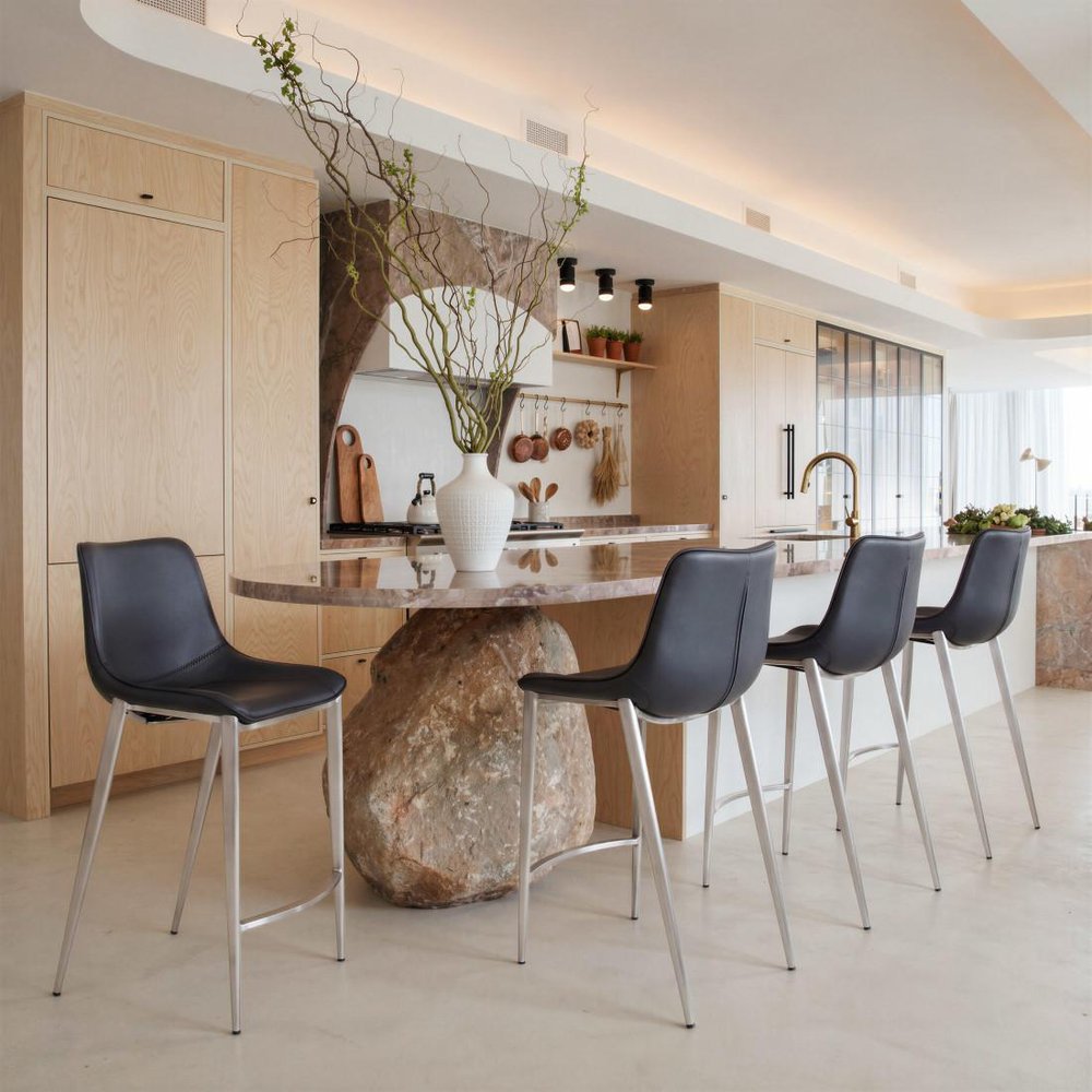 Set of Two 26" Black And Silver Faux Leather And Steel Low Back Counter Height Bar Chairs HomeRoots