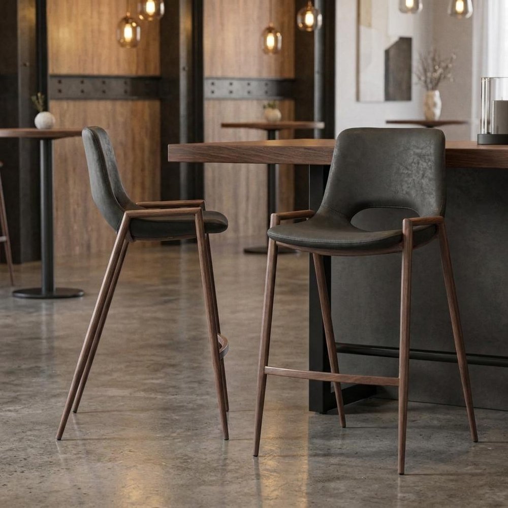 Set of Two 26" Black And Brown Faux Leather And Steel Low Back Counter Height Bar Chairs HomeRoots