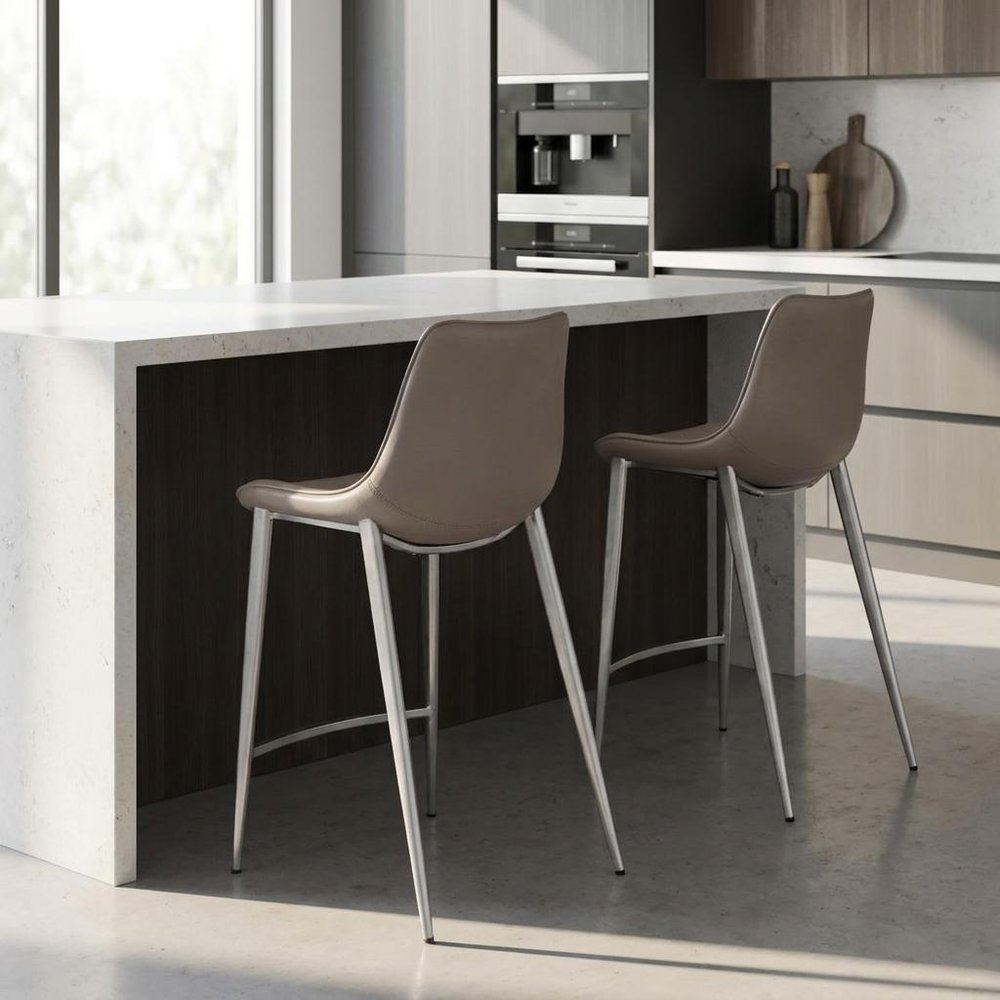 Set of Two 26" Gray And Silver Faux Leather And Steel Low Back Counter Height Bar Chairs HomeRoots