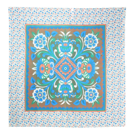 88" X 84" Brown Blue And White Floral Cotton Hanging Tapestry