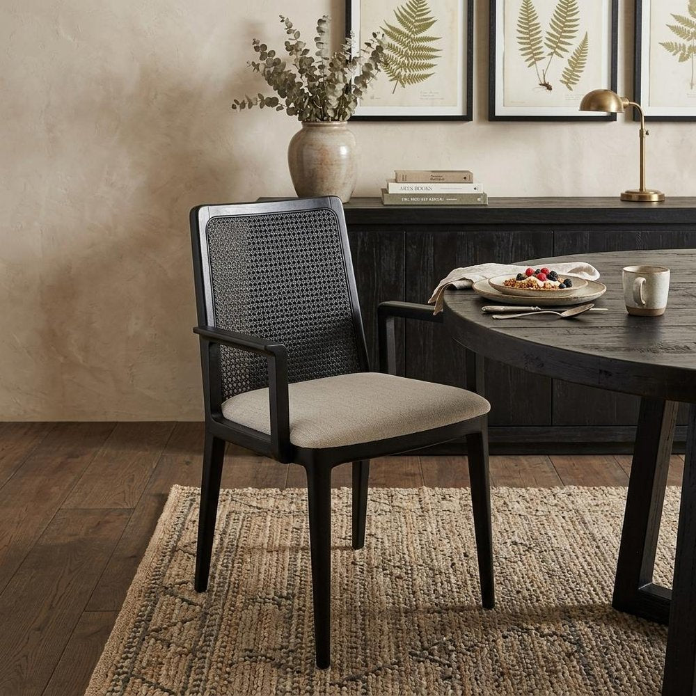 Cream And Black Upholstered Fabric Dining Arm Chair HomeRoots
