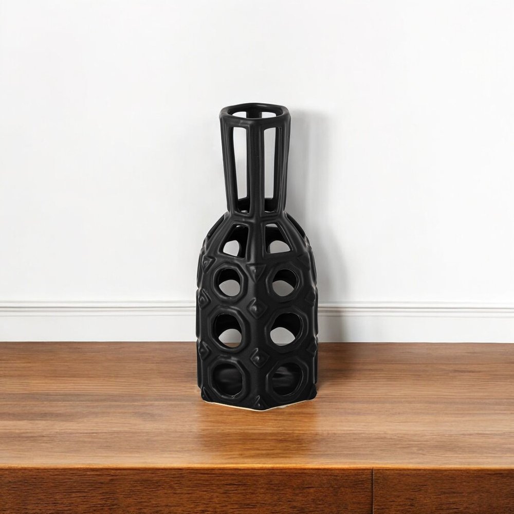 9" Black Abstract Cylinder Metal Table Vase HomeRoots