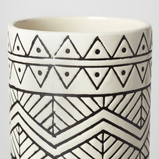 17" Cream and Charcoal Geometric Cylinder Ceramic Vase HomeRoots