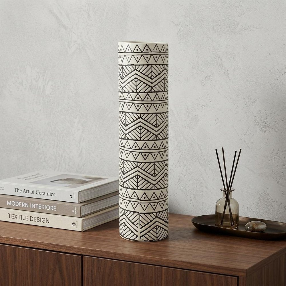 17" Cream and Charcoal Geometric Cylinder Ceramic Vase HomeRoots