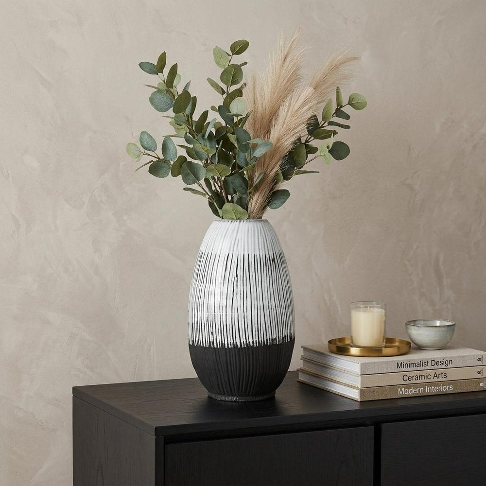 13" Black Gray And White Abstract Cylinder Ceramic Table Vase HomeRoots