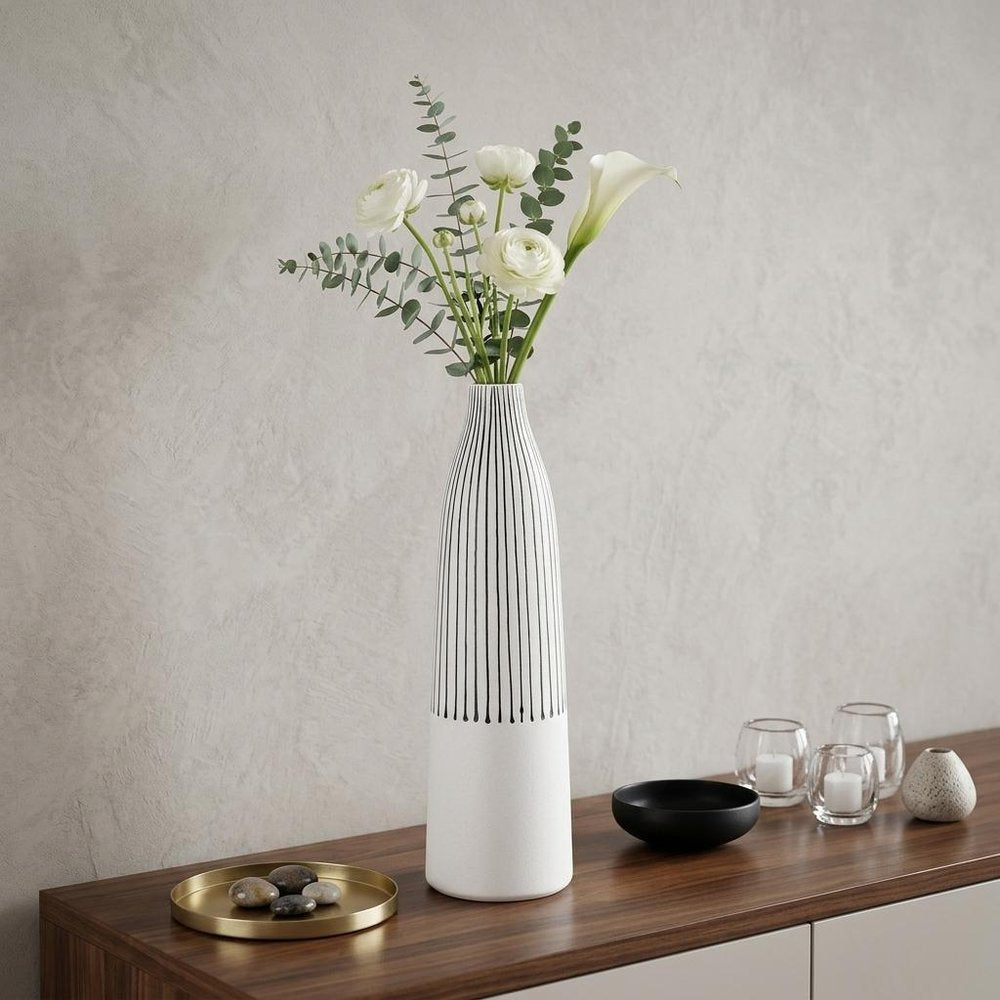 18" Black And White Abstract Cylinder Ceramic Table Vase HomeRoots