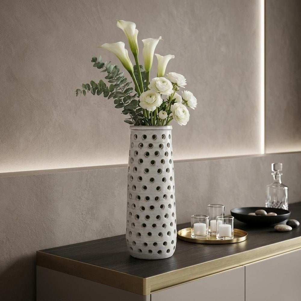 19" White Polka Dots Ceramic Cylinder Table Vase HomeRoots