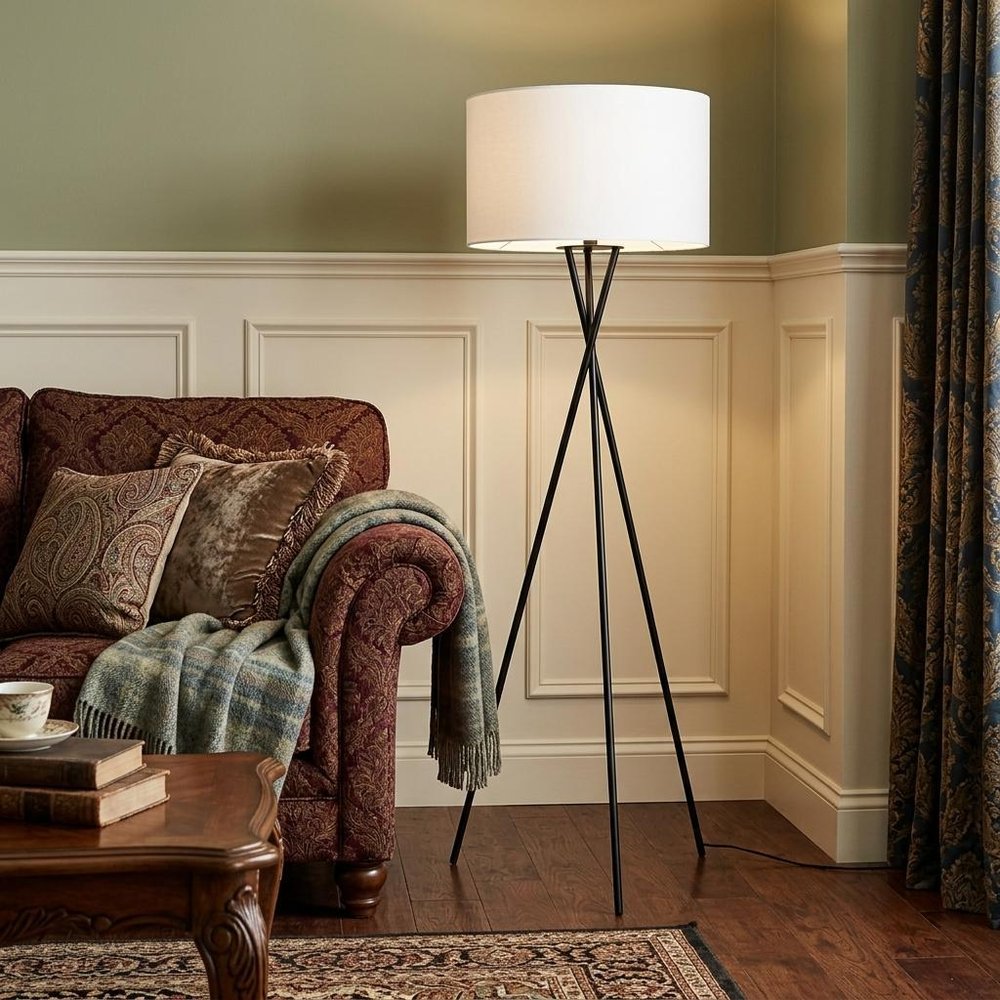 66" Black Tripod Floor Lamp With White Fabric Drum Shade HomeRoots