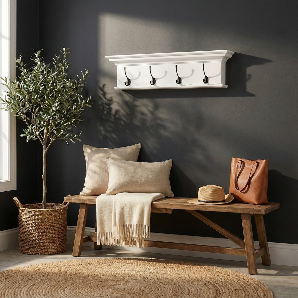 28" Classic White Wood Four Hook Hanging Coat Rack HomeRoots