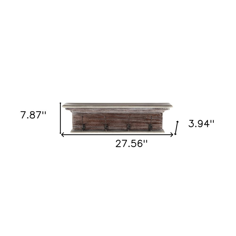 28" Brown Solid Wood Four Hook Wall Mount Coat Rack HomeRoots