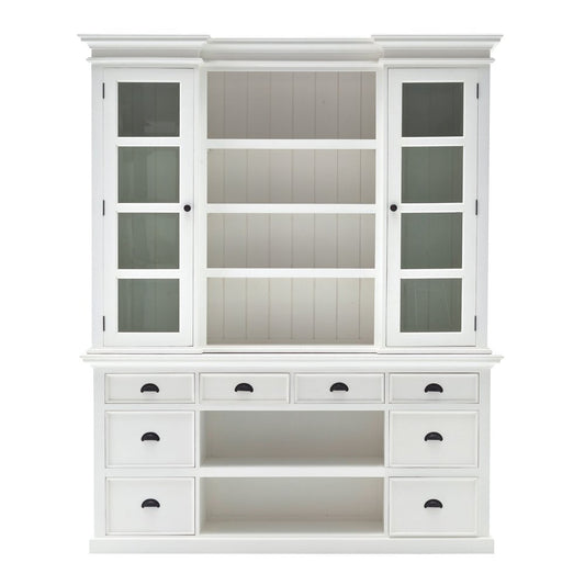 87" White Wood Bookcase with Glass Doors Drawers and Baskets HomeRoots