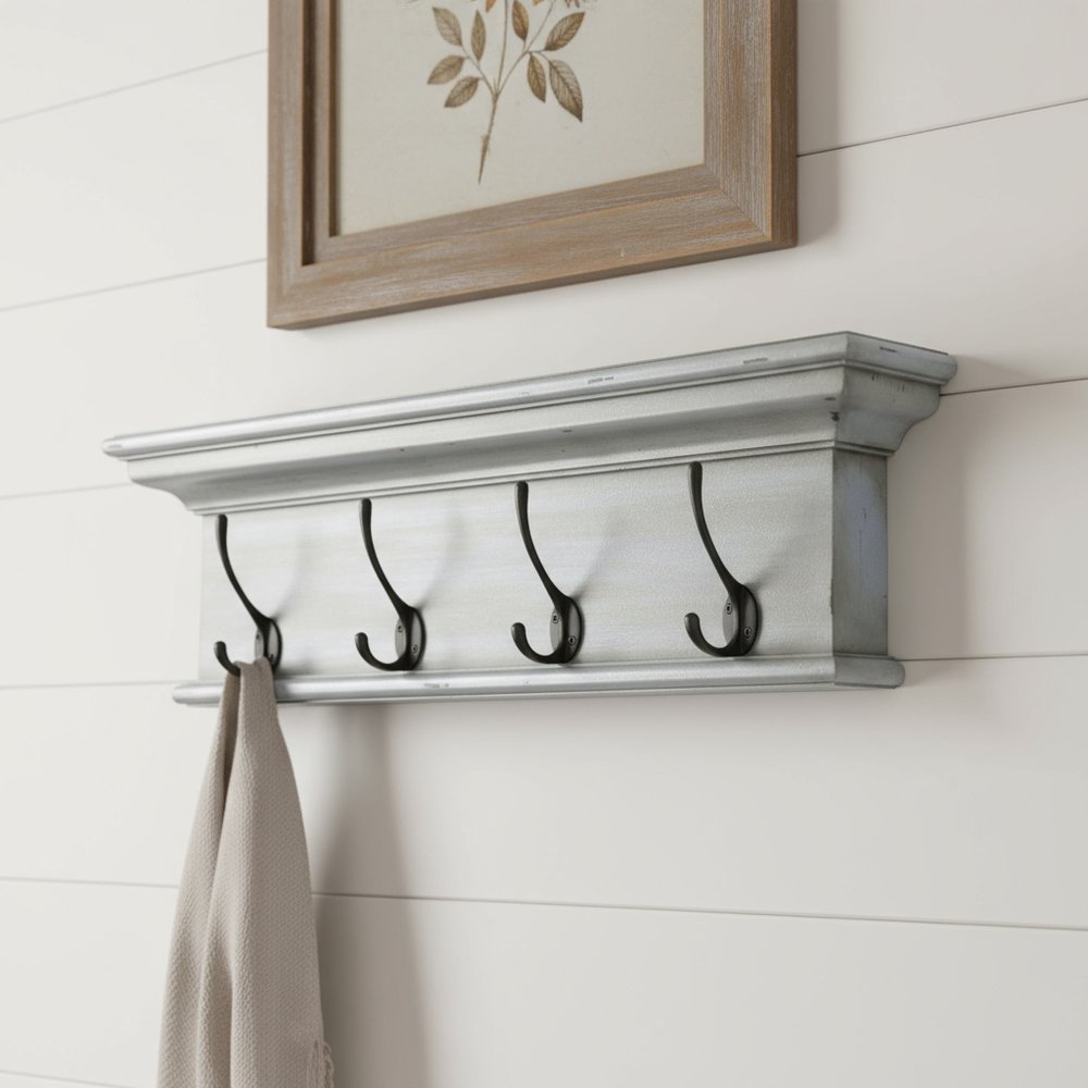 28" Black And Blue Solid Wood Four Hook Wall Mount Coat Rack - FurniFindUSA