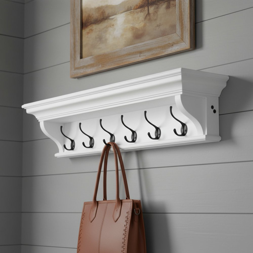 Classic White Wood Wide Six Hook Coat Rack HomeRoots