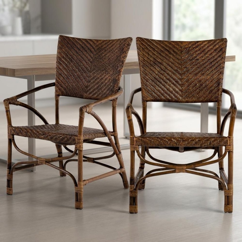 Set of Two Natural Rattan Open Back Dining Arm Chairs HomeRoots