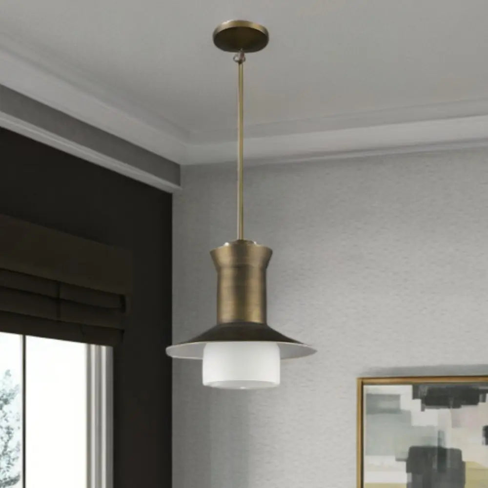 Greta 1-Light Raw Brass Pendant With Gloss White Interior And Etched Glass Shade HomeRoots