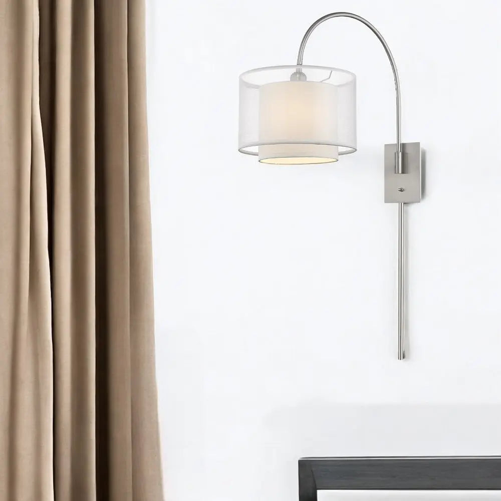 Brella 1-Light Brushed Nickel Swivel Wall Lamp With Sheer Snow Shantung Two Tier Shade HomeRoots