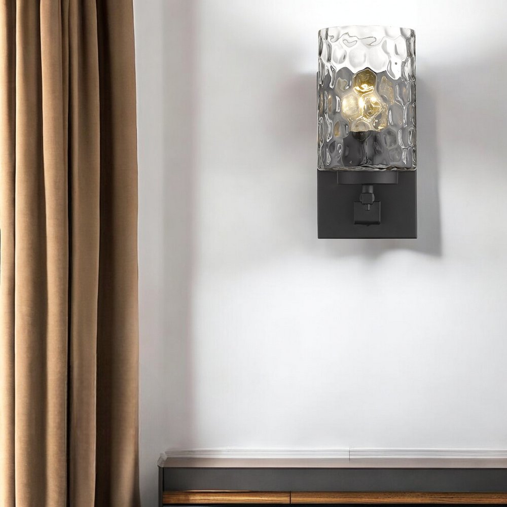 Black Metal and Pebbled Glass Wall Sconce HomeRoots