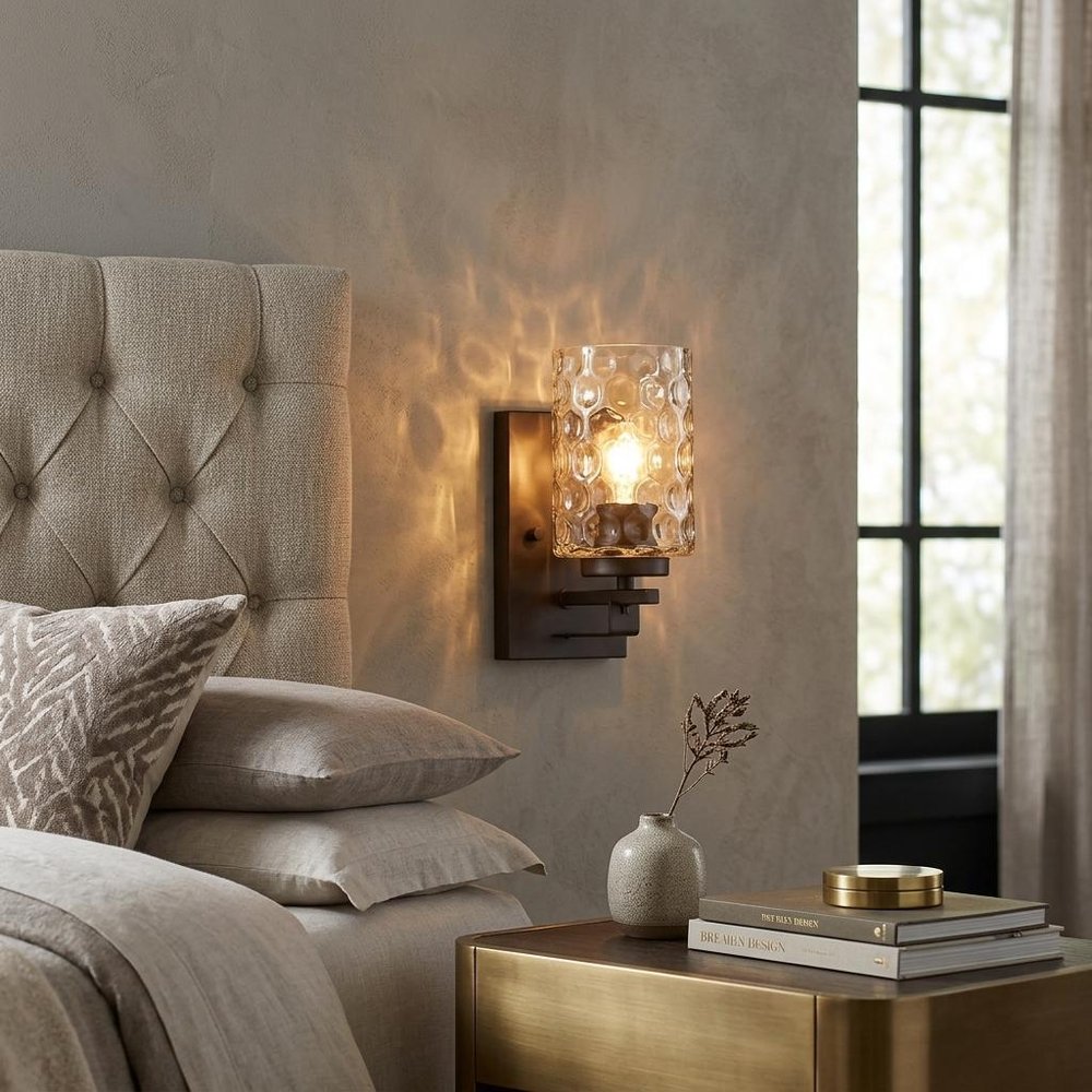 Bronze Metal and Pebbled Glass Wall Sconce HomeRoots