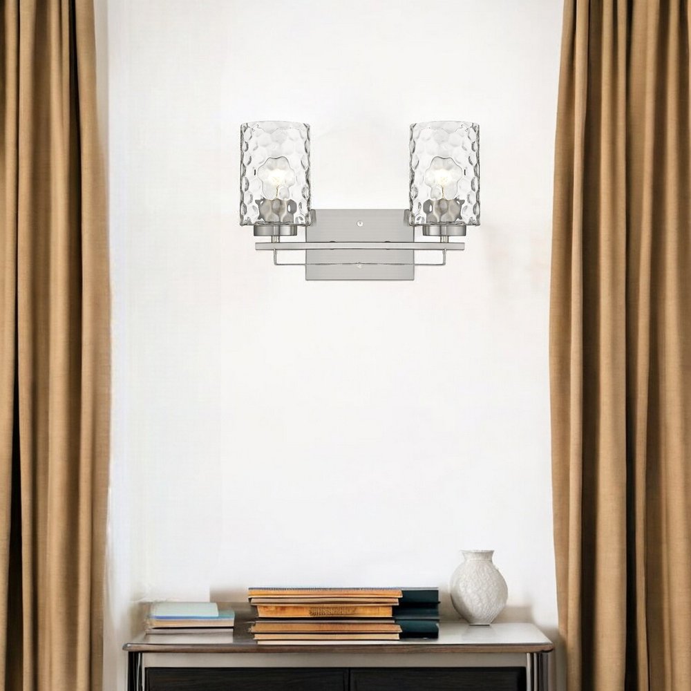 Silver Metal and Pebbled Glass Two Light Wall Sconce HomeRoots