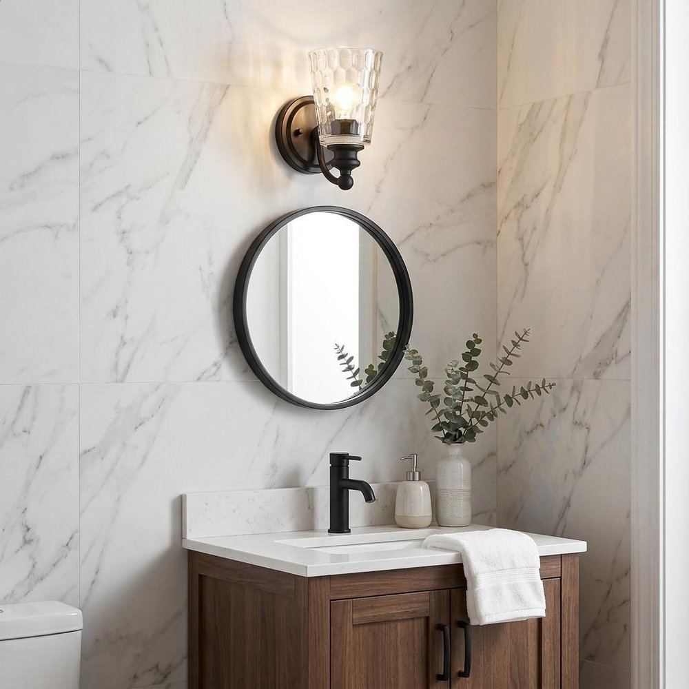 Black Metal and Pebbled Glass Wall Light HomeRoots