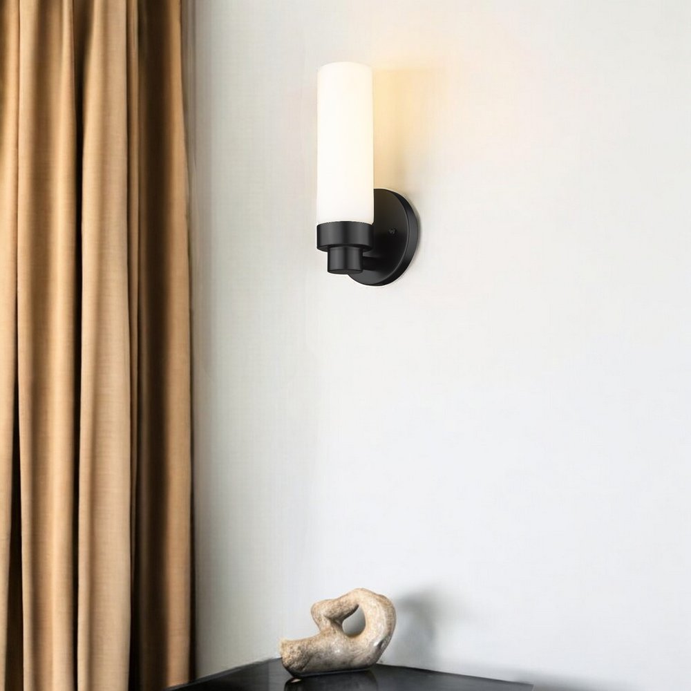 Matte Black Wall Light with Narrow Frosted Glass Shade HomeRoots