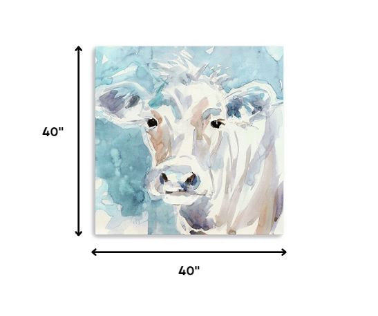 20" x 20" Blue Pastel Watercolor Cow Unframed Canvas Wall Art HomeRoots