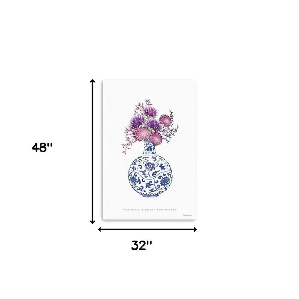 24" x 16" Blue and White Happiness Floral Vase Canvas Wall Art HomeRoots