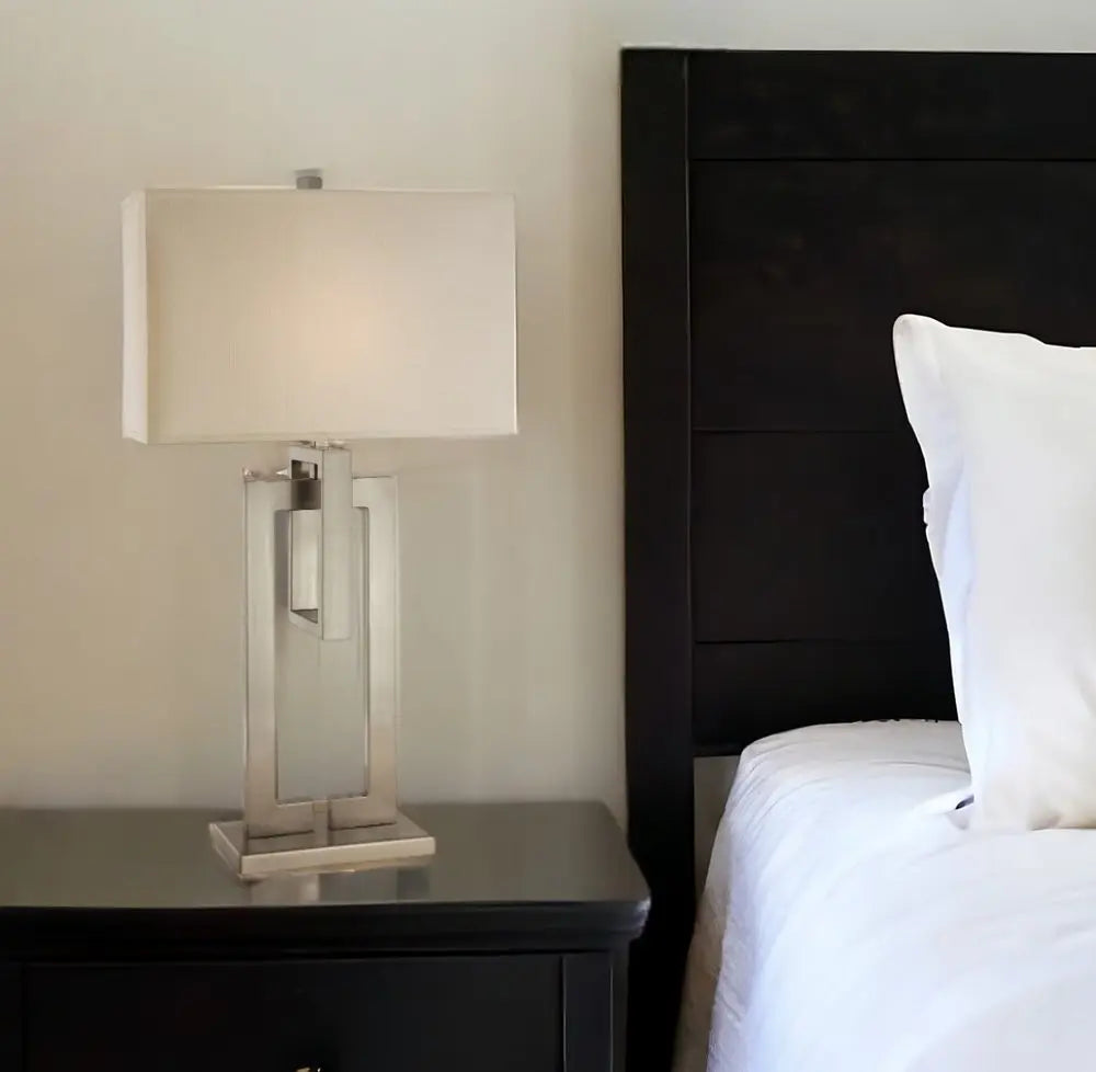 36" Nickel Iron Geometric Table Lamp With Ivory Shade HomeRoots