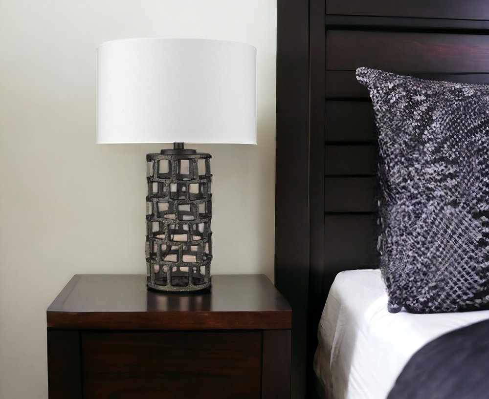 26" Black Metal Column Table Lamp With White Drum Shade HomeRoots