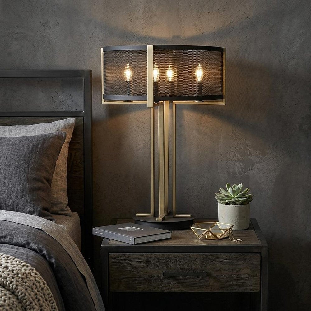 25" Brass Metal Four Light Geometric Table Lamp With Black Drum Shade HomeRoots