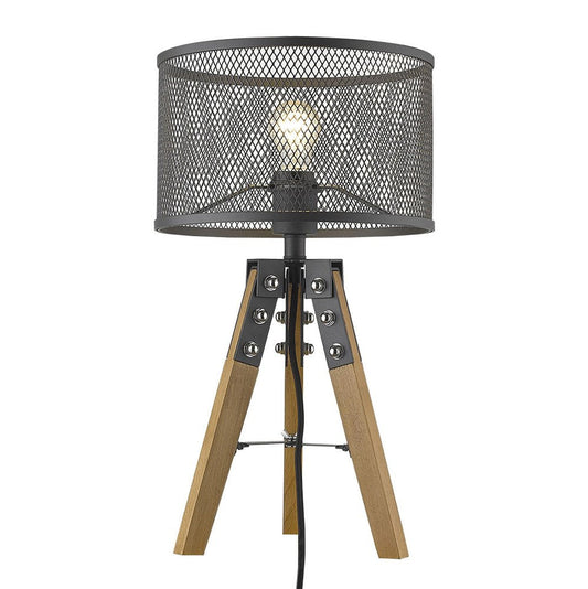 20" Brown Solid Wood Tripod Table Lamp With Black Drum Shade HomeRoots