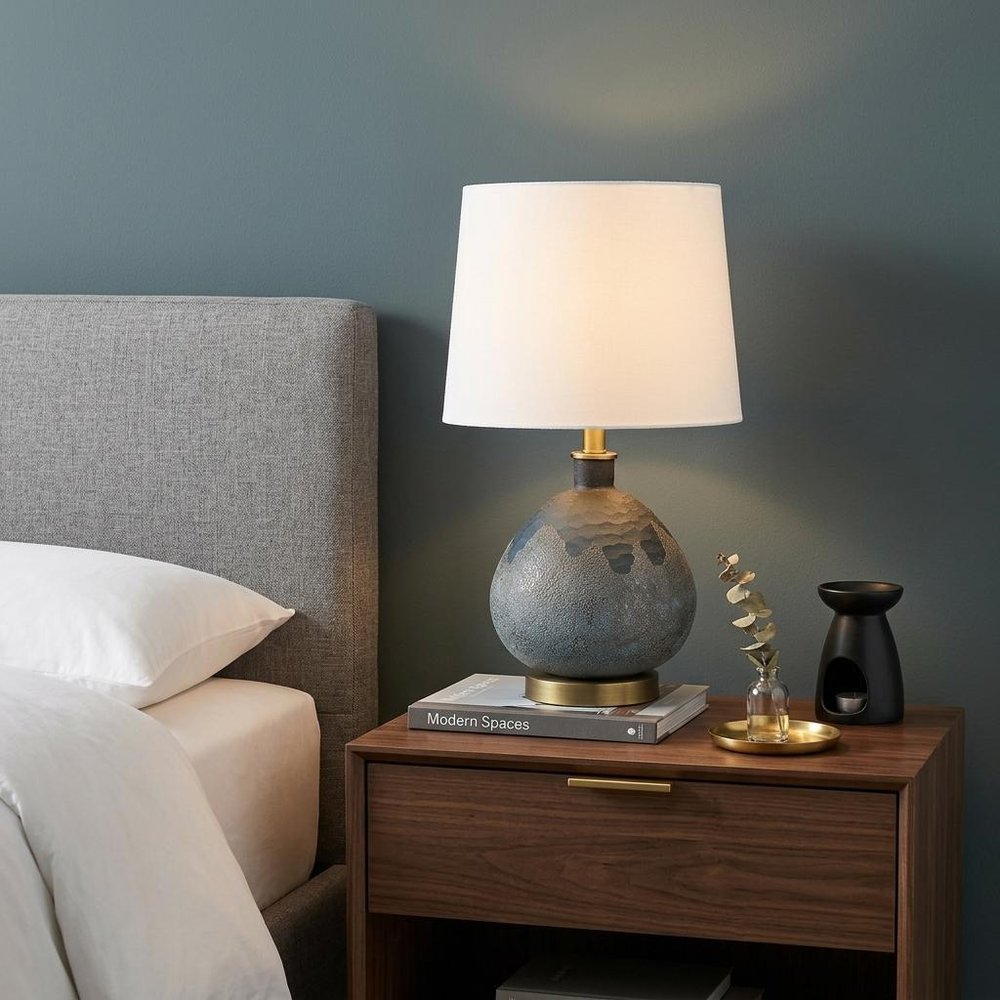 22" Teal Blue Concrete Gourd Table Lamp With Cream Empire Shade HomeRoots