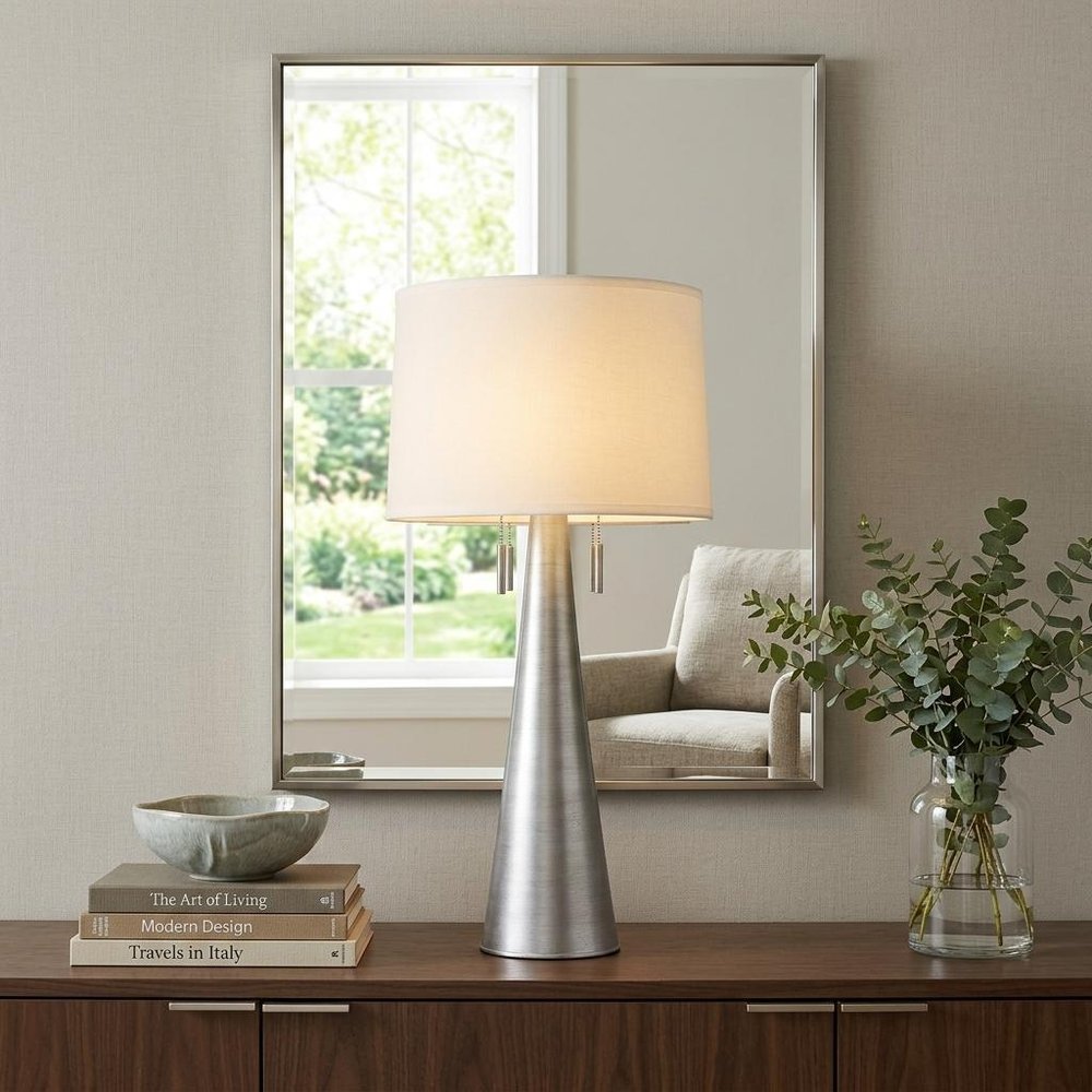 34" Silver Metal Two Light Table Lamp With White Empire Shade HomeRoots