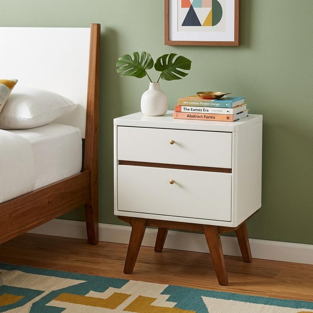 26" White Two Drawer Wood Nightstand HomeRoots