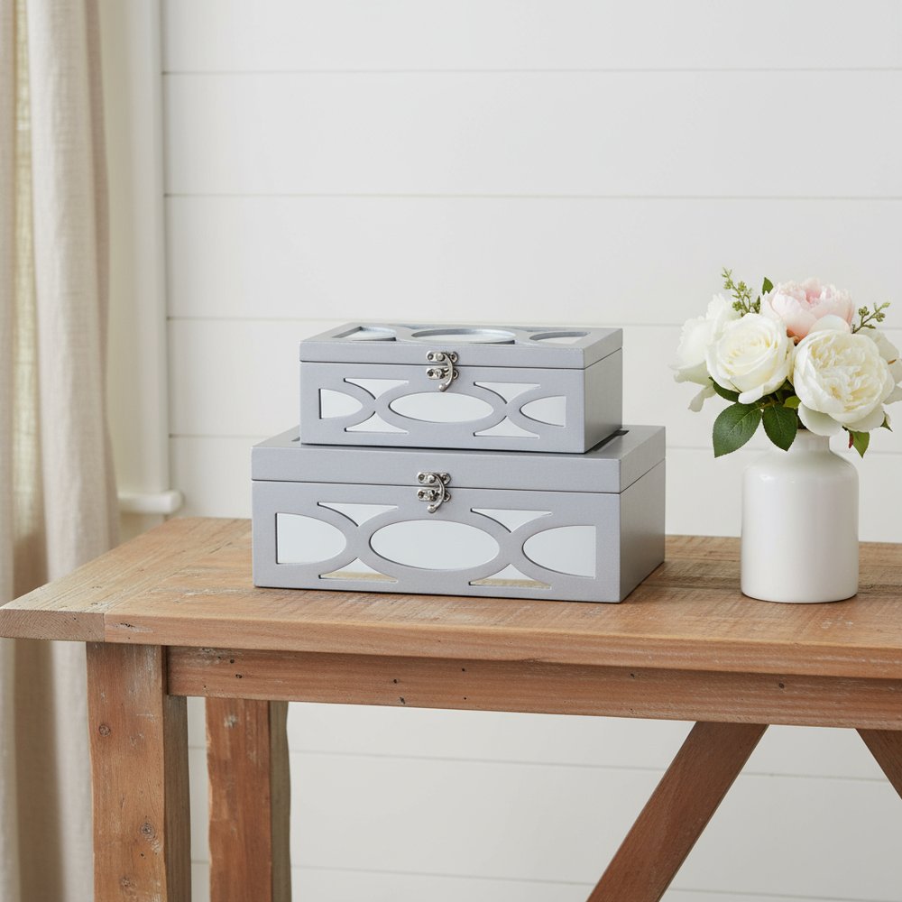 Set of Two Silver Mirrored Glass And Wood Box With Lid HomeRoots