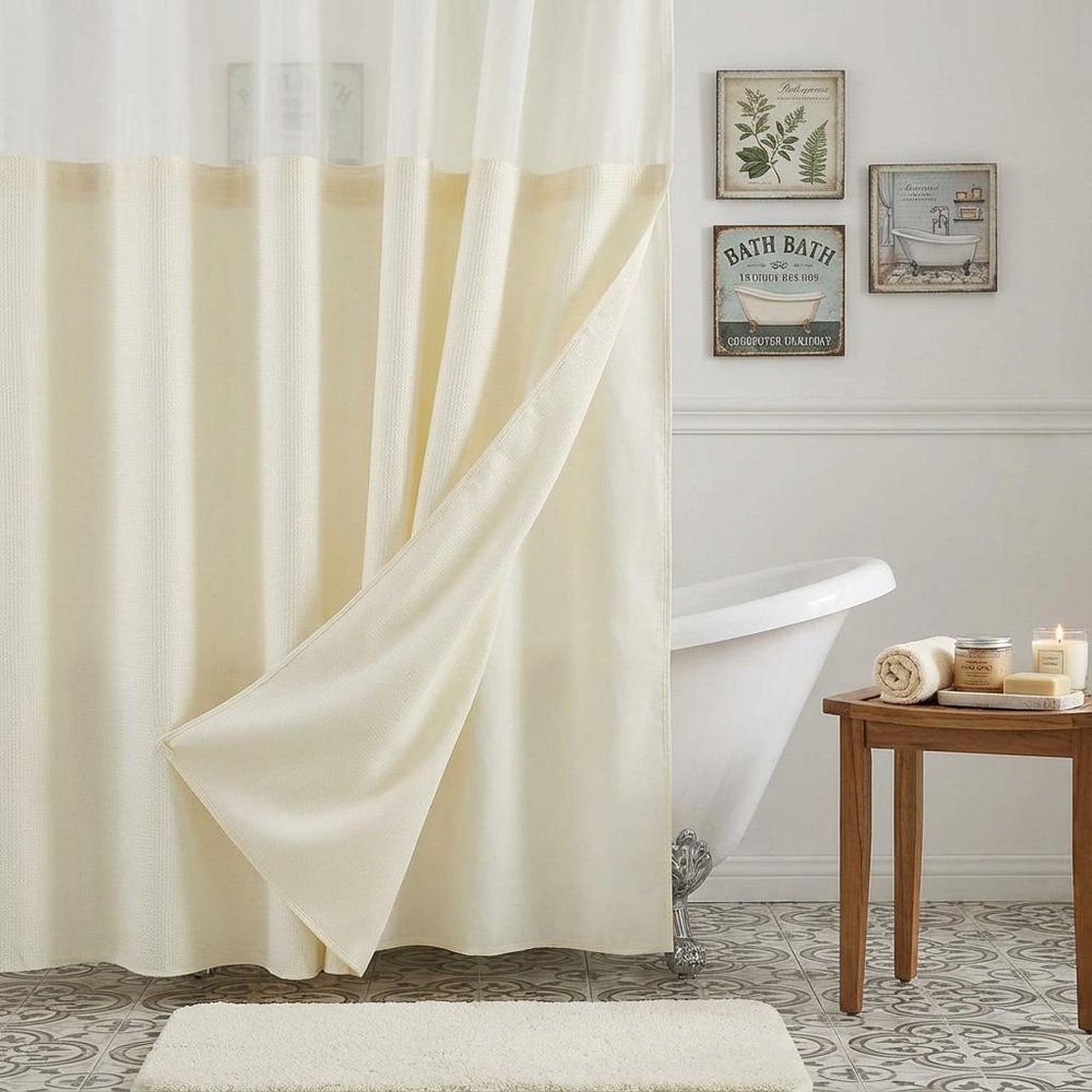Ivory Sheer and Grid Shower Curtain and Liner Set HomeRoots