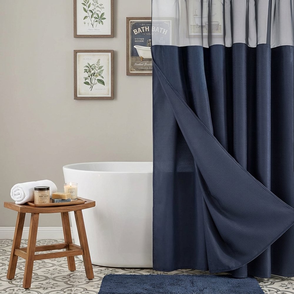 Navy Modern Grid Shower Curtain and Liner Set HomeRoots