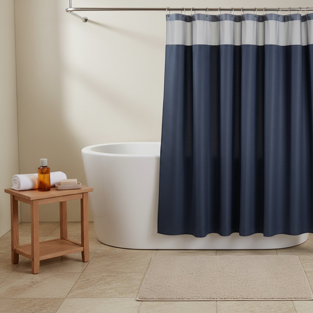 Navy Modern Grid Shower Curtain and Liner Set HomeRoots