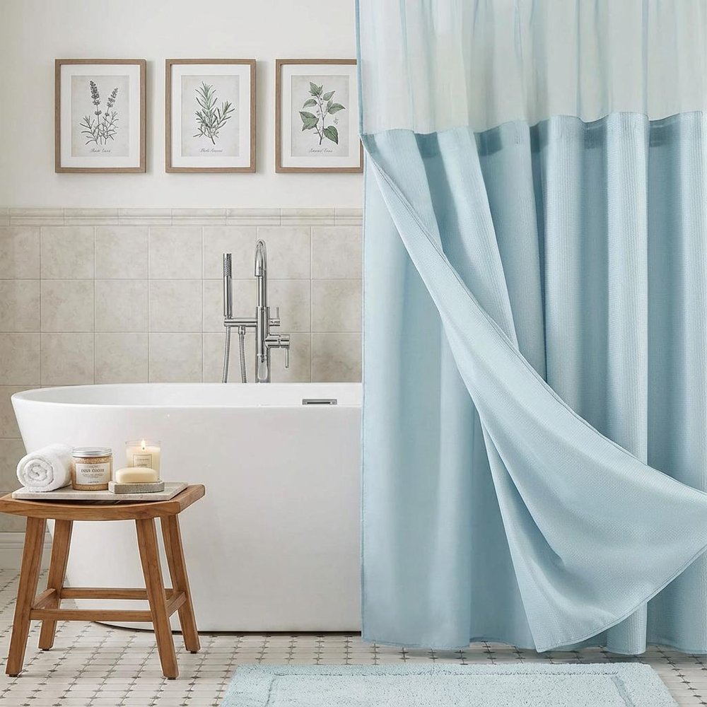Light Blue Sheer and Grid Shower Curtain and Liner Set HomeRoots