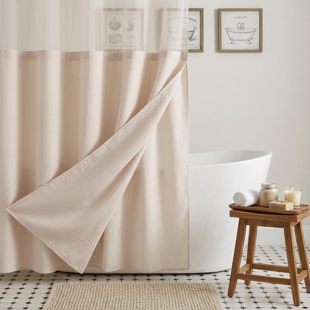 Blush Sheer and Grid Shower Curtain and Liner Set HomeRoots